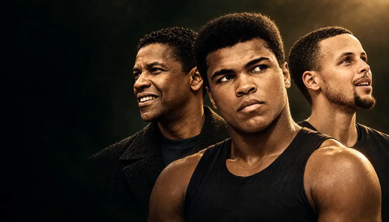 AI editorial portraits of Denzel Washington, Muhammad Ali and Stephen Curry